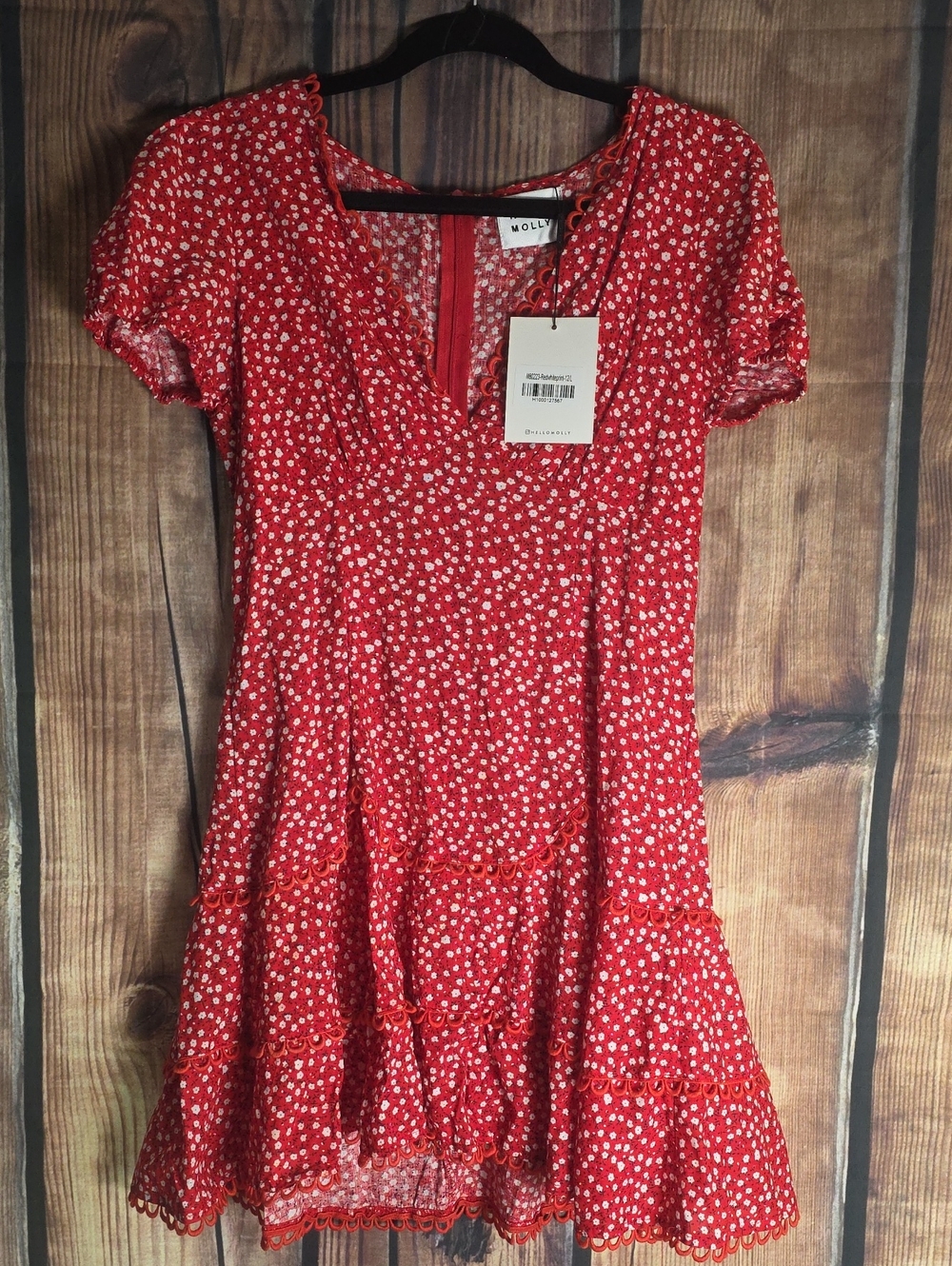 Hello Molly L / 8 Red Floral Tiered Mini Dress NWT